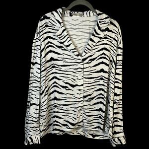 Zebra Print Blouse White and Black Button Up Long Sleeve Womens Euro Size Medium